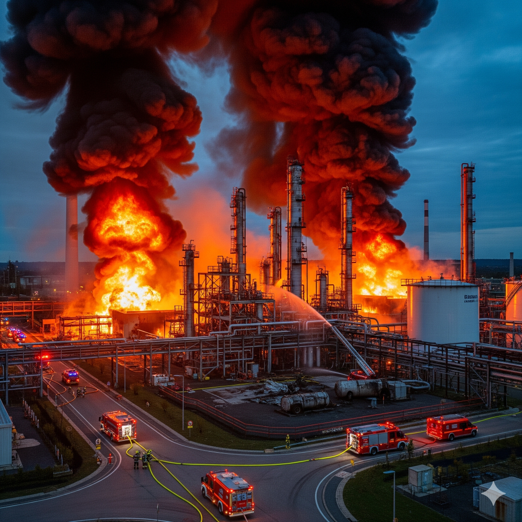 Flames and smoke rise from the Smitty’s Supply chemical plant explosion in Roseland, Louisiana.