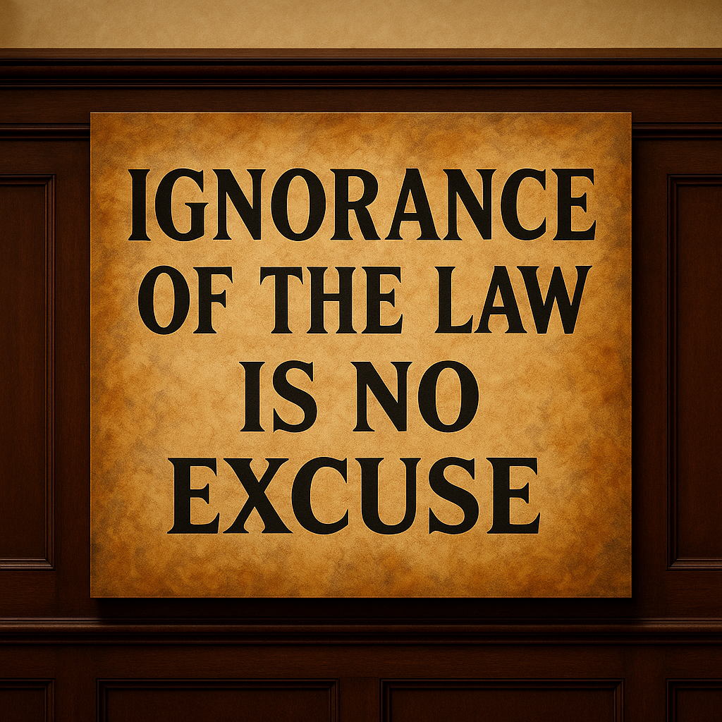 Wall-mounted sign reading ‘Ignorance of the Law Is No Excuse’ in bold black letters on a parchment-textured golden background, displayed against dark wood paneling in a courtroom setting.