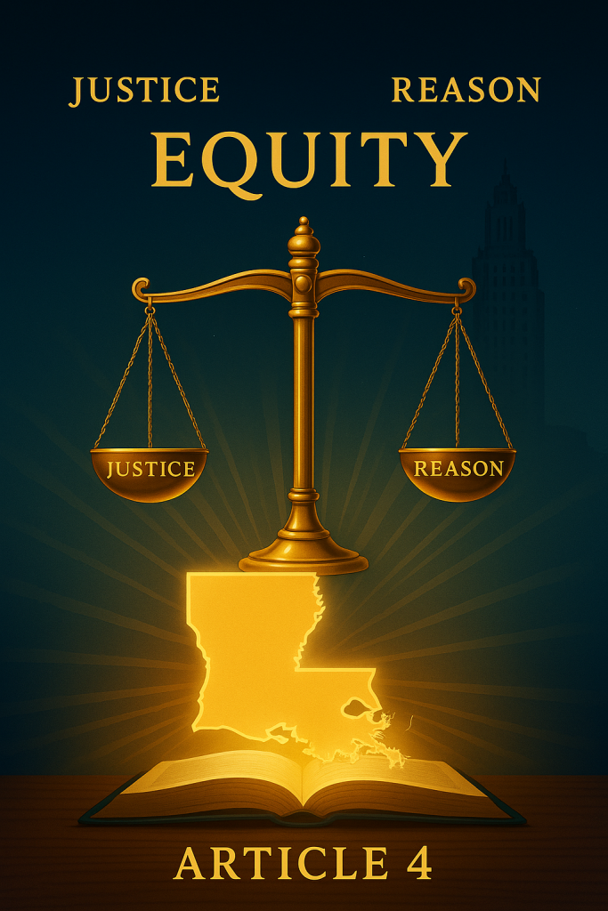 Golden-lit open law book labeled ‘Article 4’ with scales of justice and the Louisiana State Capitol in the background, symbolizing clarity and fair interpretation in Louisiana law.