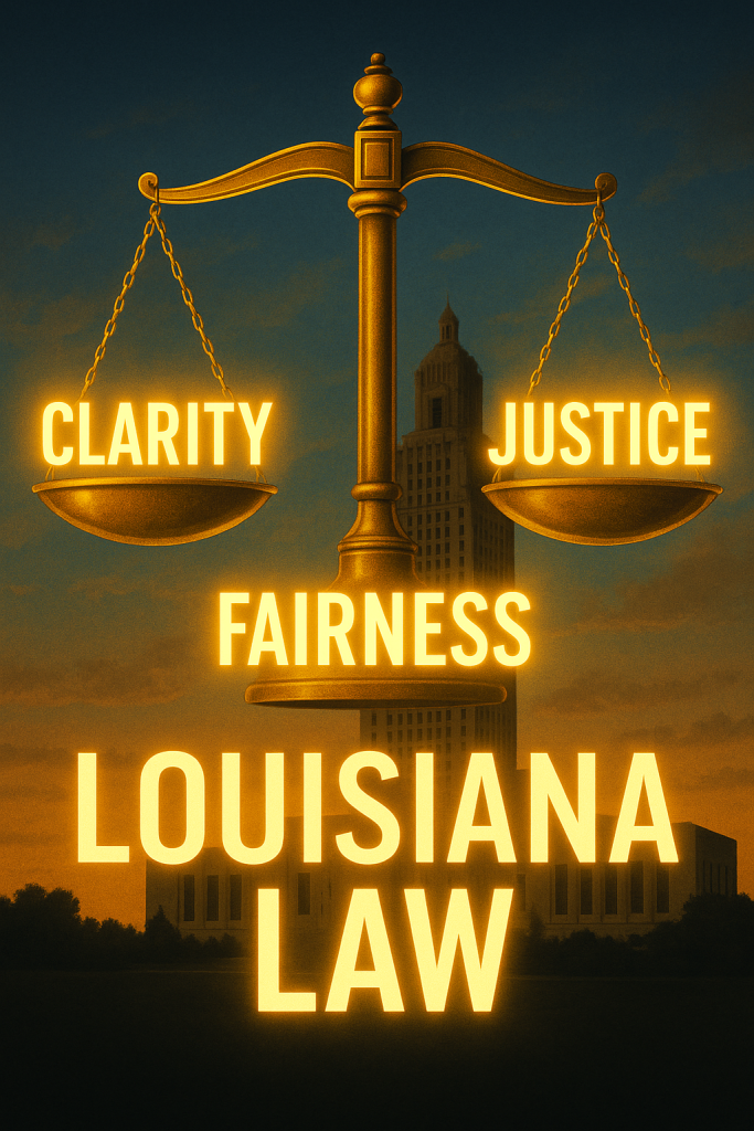 Golden scales of justice balancing the words Clarity and Justice above the Louisiana State Capitol, glowing with the words Fairness and Louisiana Law against a warm navy and gold sky.
