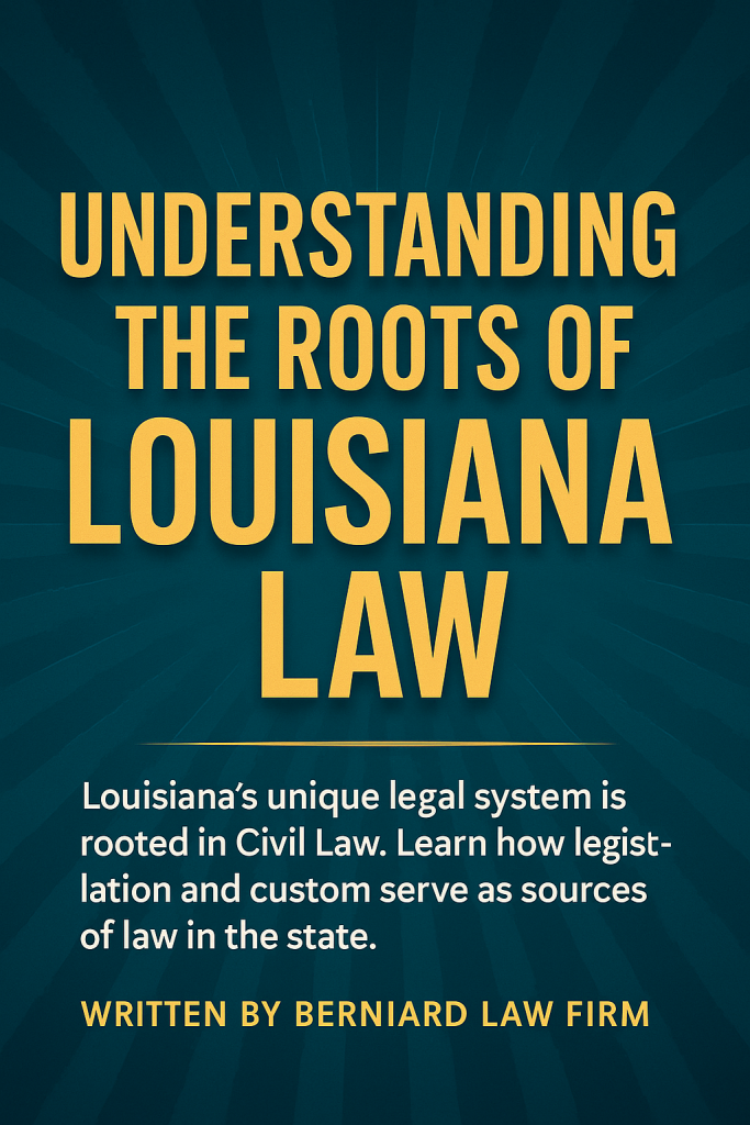 Bold teal and gold graphic featuring the title ‘Understanding the Roots of Louisiana Law’ by Berniard Law Firm, symbolizing Louisiana’s Civil Law heritage