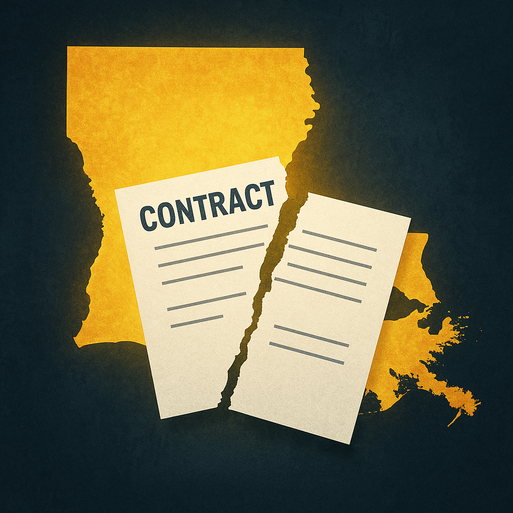 orn contract document over a glowing yellow silhouette of Louisiana on a dark blue background, symbolizing the supremacy of public-interest laws over private agreements.